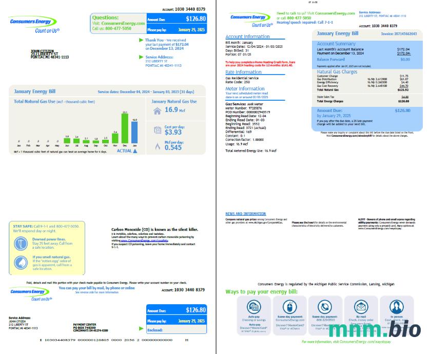 USA Consumers Energy rachunek za media szablon w formacie Word i PDF, 2 strony, Wersja 3